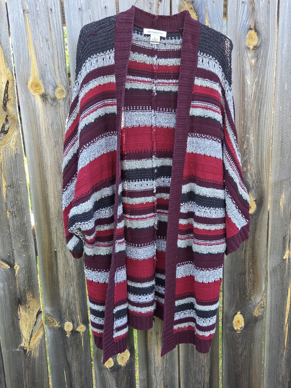 Liz Claiborne Burgundy Striped Open-Front Sweater Cardigan, XL